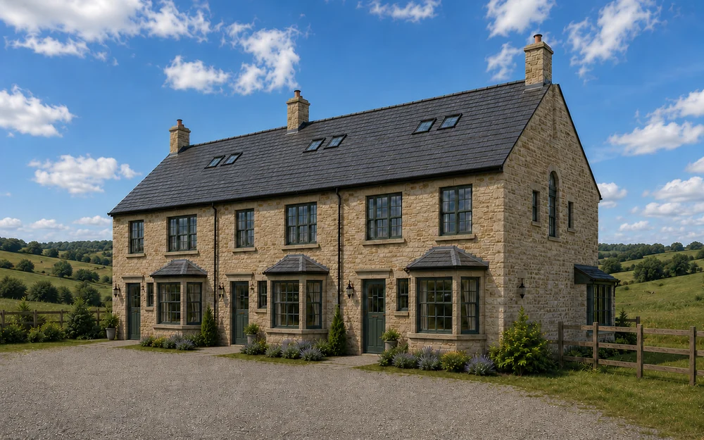 Angled view of three terraced homes in their countryside setting